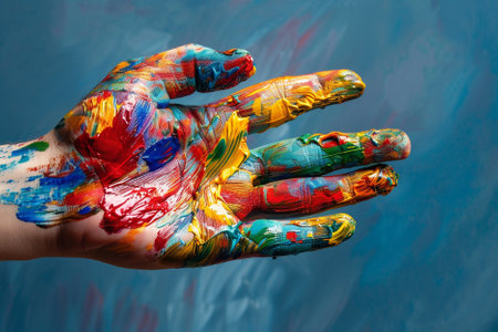 Hands of a girl painted in colorful paints on a blue background