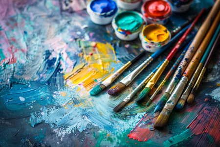 Paint brushes and paints on a wooden table. Painting background.の写真素材