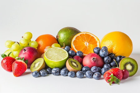 Fresh fruits on a white background. Healthy food concept. Copy space.の写真素材