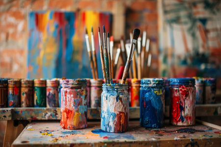 Paints and brushes on a table in an artist's studio.の写真素材