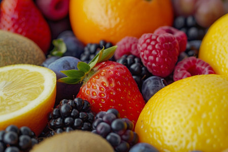 Fresh fruits background. Berries and lemons. Close up.の写真素材