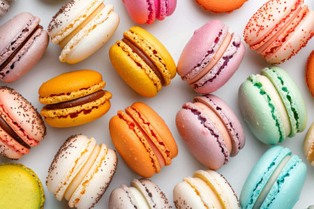 Colorful macaroons on a white background. Top view.の写真素材