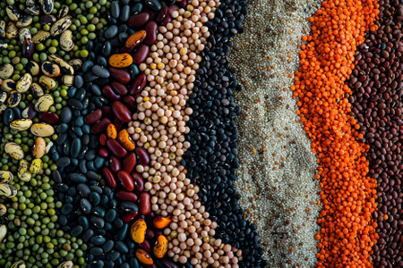 Variety of legumes background. Chickpeas, lentils, peas, beans, lentilsの写真素材