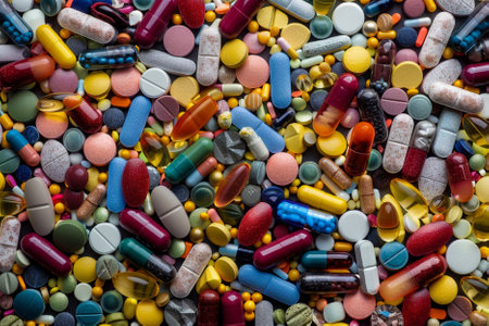 Assorted multicolored pills, tablets, capsules and capsules background