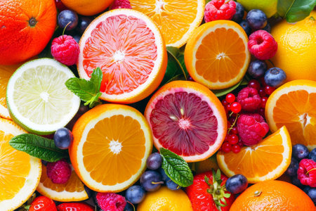 Fruits and berries background. Orange, grapefruit, lemon, raspberry, blueberry, currantの写真素材