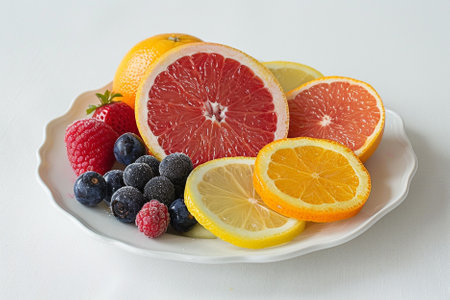 Citrus fruits on a white plate on a white background.の写真素材