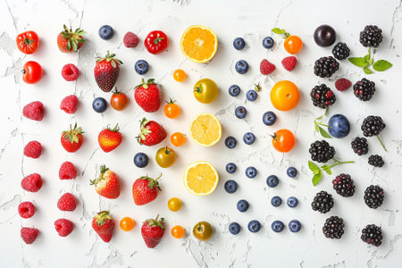 Different fresh berries on white textured background. Top view, flat layの写真素材