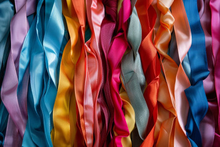 Colorful silk ribbons as background, closeup. Textile industryの写真素材