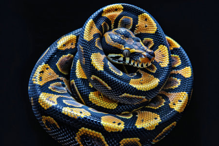 Python snake isolated on black background. Python reticulatus.の写真素材