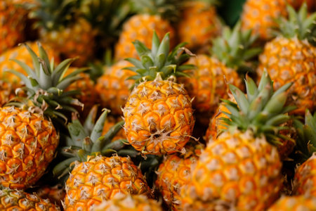 Pineapples in the market. Close-up. Selective focus.