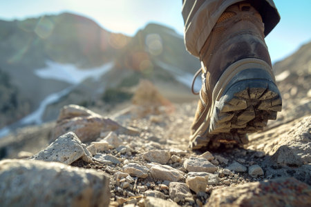 Close up of hiking boots on rocky trail in mountains. Hiking and trekking conceptの写真素材