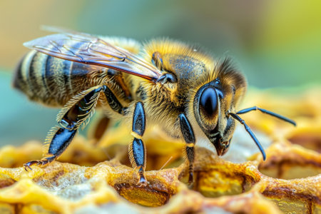 Close up of bee on honeycomb in apiary, selective focusの写真素材