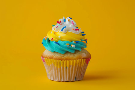 Cupcake with colorful frosting on yellow background, close upの写真素材