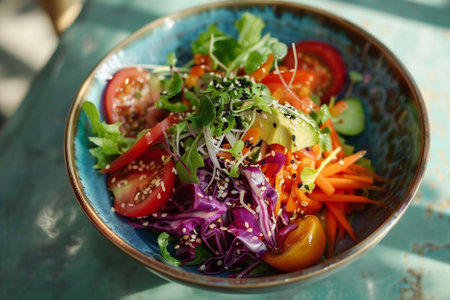Vegetable salad with tomato, cucumber, red cabbage, lettuce and sesame seeds