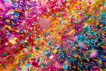 abstract explosion of multicolored confetti on a black backgroundの写真素材