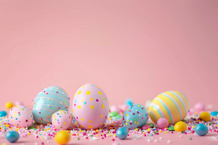 Colorful easter eggs and sprinkles on pastel pink backgroundの写真素材
