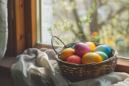 Easter eggs in a basket on the windowsill. Selective focus.の写真素材