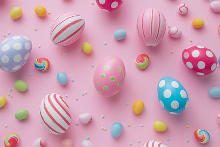 Colorful easter eggs on pastel pink background, top view