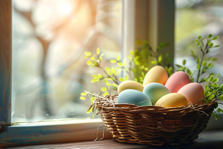 Colorful easter eggs in basket on wooden windowsill, spring timeの写真素材