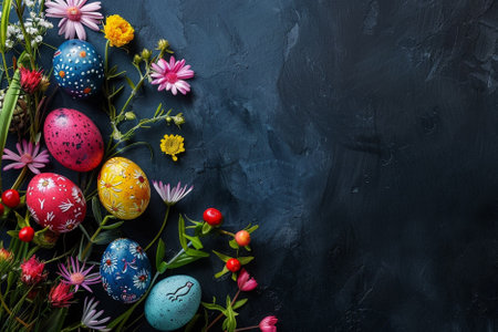 Colorful Easter eggs with flowers on dark background. Top view with copy space