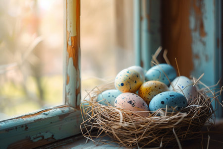 Easter eggs in a nest on a wooden window sill. Easter conceptの写真素材