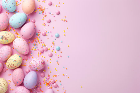 Colorful easter eggs with sprinkles on a pink background.