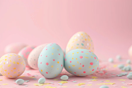 Colorful Easter eggs on pastel pink background. Happy Easter concept.の写真素材