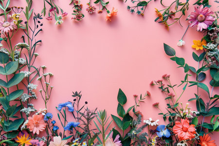 Flowers composition. Frame made of flowers on pink background. Flat lay, top view, copy spaceの写真素材