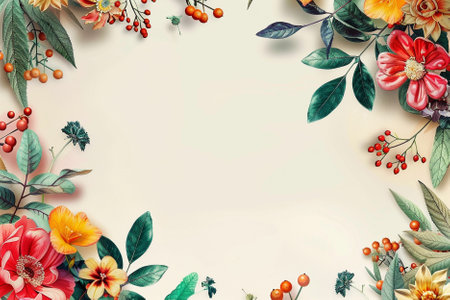 Flowers, leaves and berries frame on white background. Floral design.の写真素材