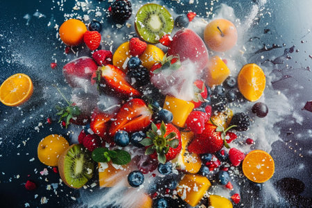 Fruit salad with strawberries, blueberries, oranges, kiwi, grapefruits and water drops on black...