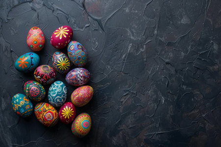 Colorful Easter eggs on dark background. Top view with copy spaceの写真素材