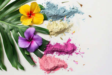 Beautiful makeup products with tropical leaf on white background, flat layの写真素材
