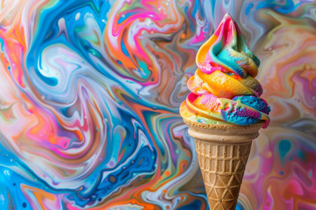 Colorful ice cream in waffle cone on colorful watercolor backgroundの写真素材
