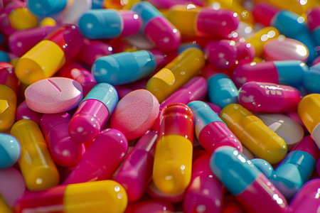 Close up of colorful pills and capsules. Focus on foreground, shallow depth of field.