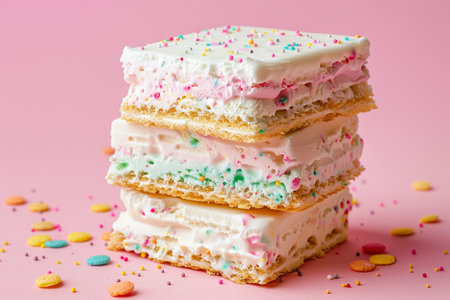Pile of cake with sprinkles on pink background, closeupの写真素材