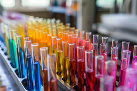 Laboratory test tubes with colorful liquids on the table. Chemical laboratory