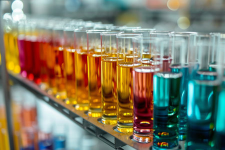 Test tubes with colorful liquids on shelf in chemical laboratory, closeupの写真素材