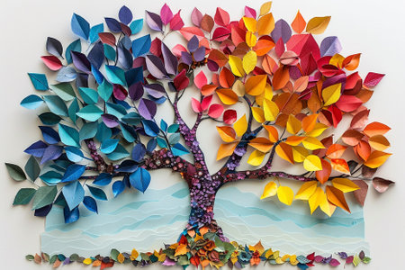 Colorful paper origami tree on white background. Paper art.