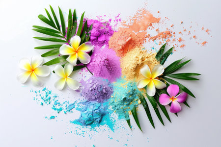 Colorful holi powder with tropical leaves and flowers on white backgroundの写真素材