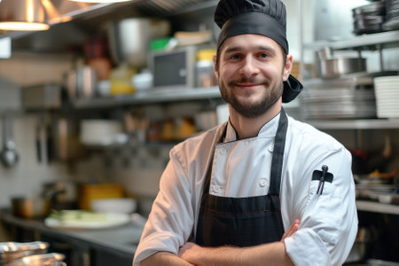 Portrait of a smiling male chef standing with arms crossed in the kitchen