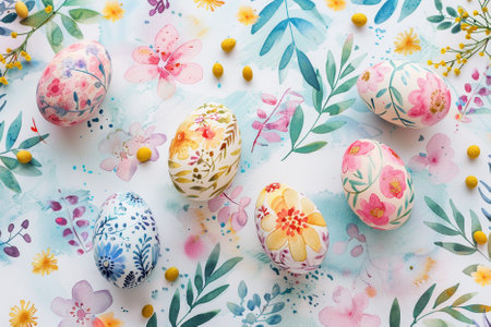 Colorful easter eggs with flowers and leaves on white background.の写真素材