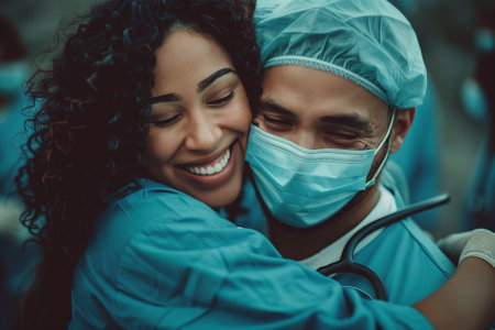 Portrait of a happy young couple of doctors in operating room. Healthcare and medicine.の写真素材
