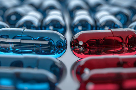 Close-up of red and blue pills. Focus on foreground.の写真素材