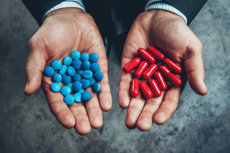Man hand holding red and blue pills on dark background, top viewの写真素材