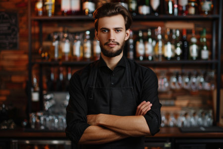 Portrait of handsome young man working as a bartender in a nightclub bar.