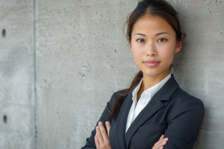 Portrait of young asian businesswoman with arms crossed standing against concrete wall