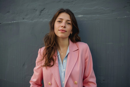 Portrait of a beautiful girl in a pink coat on a gray background