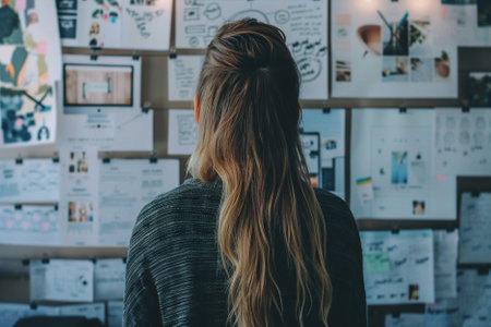 back view of young businesswoman looking at sketches on wall in officeの写真素材
