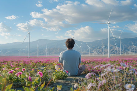 Man looking at wind turbines in a field of blooming pink flowers