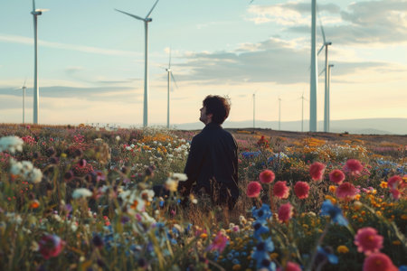 Man in a field of flowers with wind turbines in the background.の写真素材